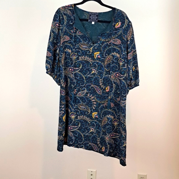 Jade by Johnny Was size S 100% silk elastic sleeves green floral tunic dress - Picture 1 of 5